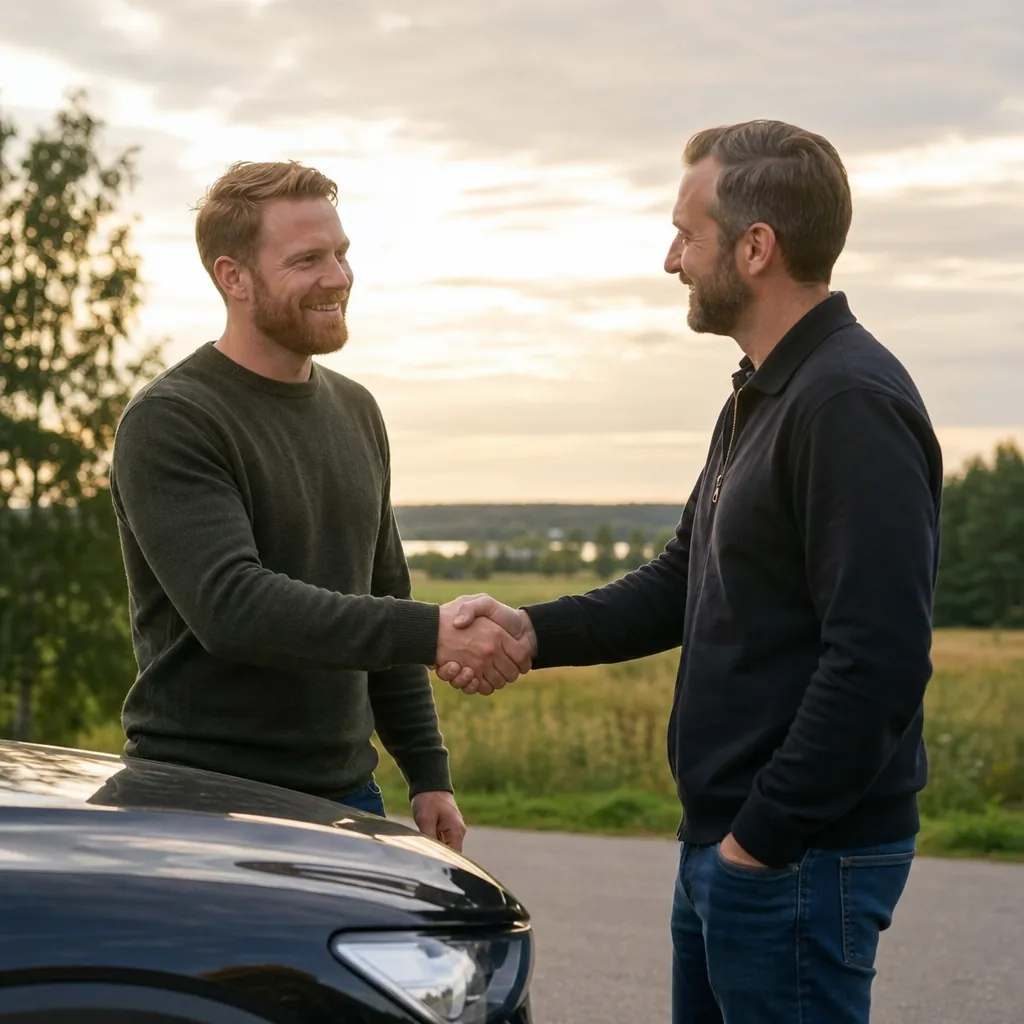 Köpare och säljare med papper på en bils huv vid ägarbyte