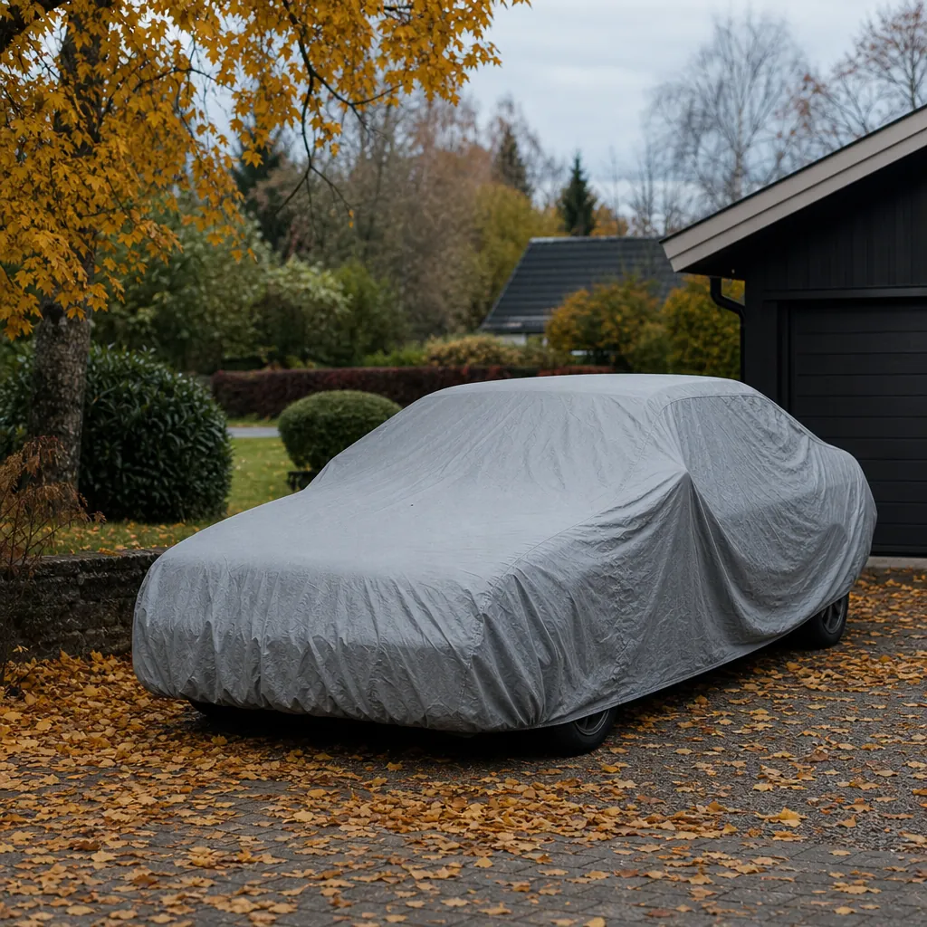 Bil parkerad i garage under övertäckning som avställd
