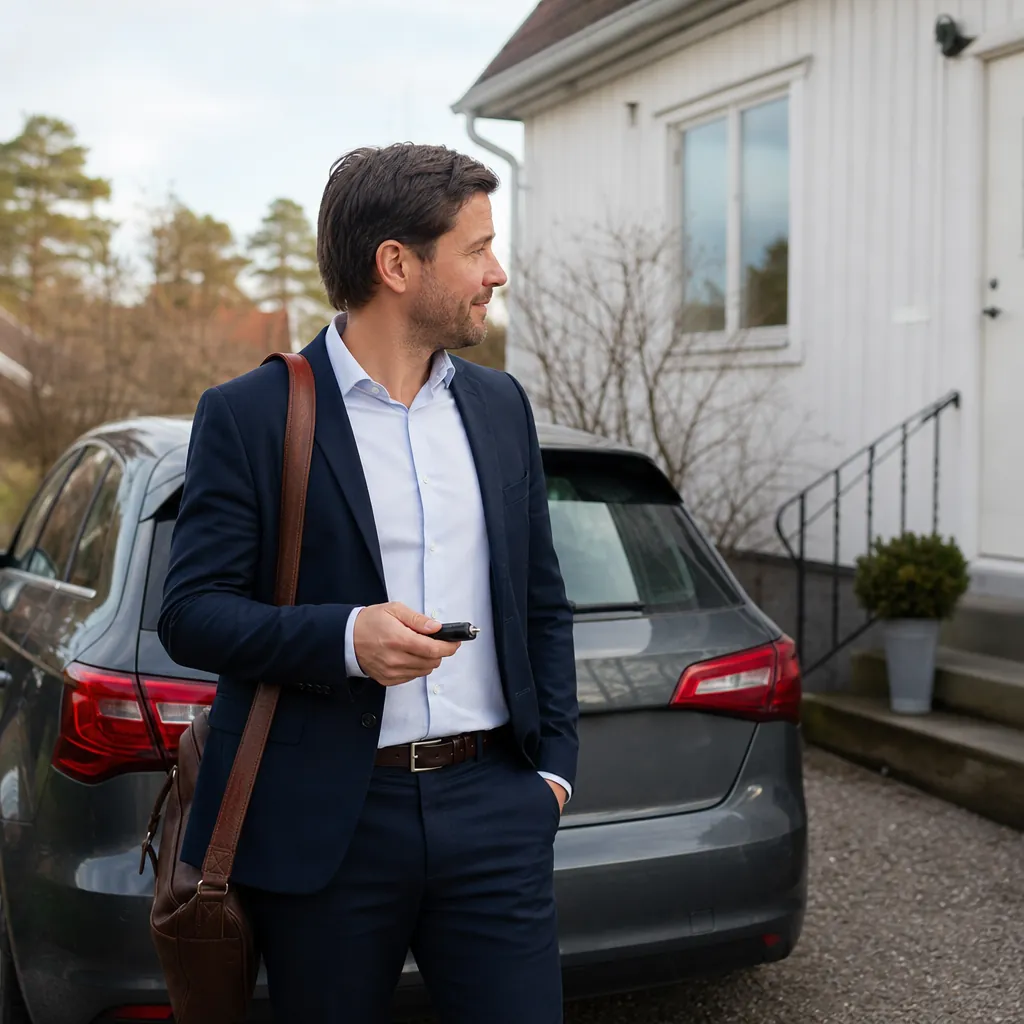 Förmånsbil på parkering utanför kontor i Sverige