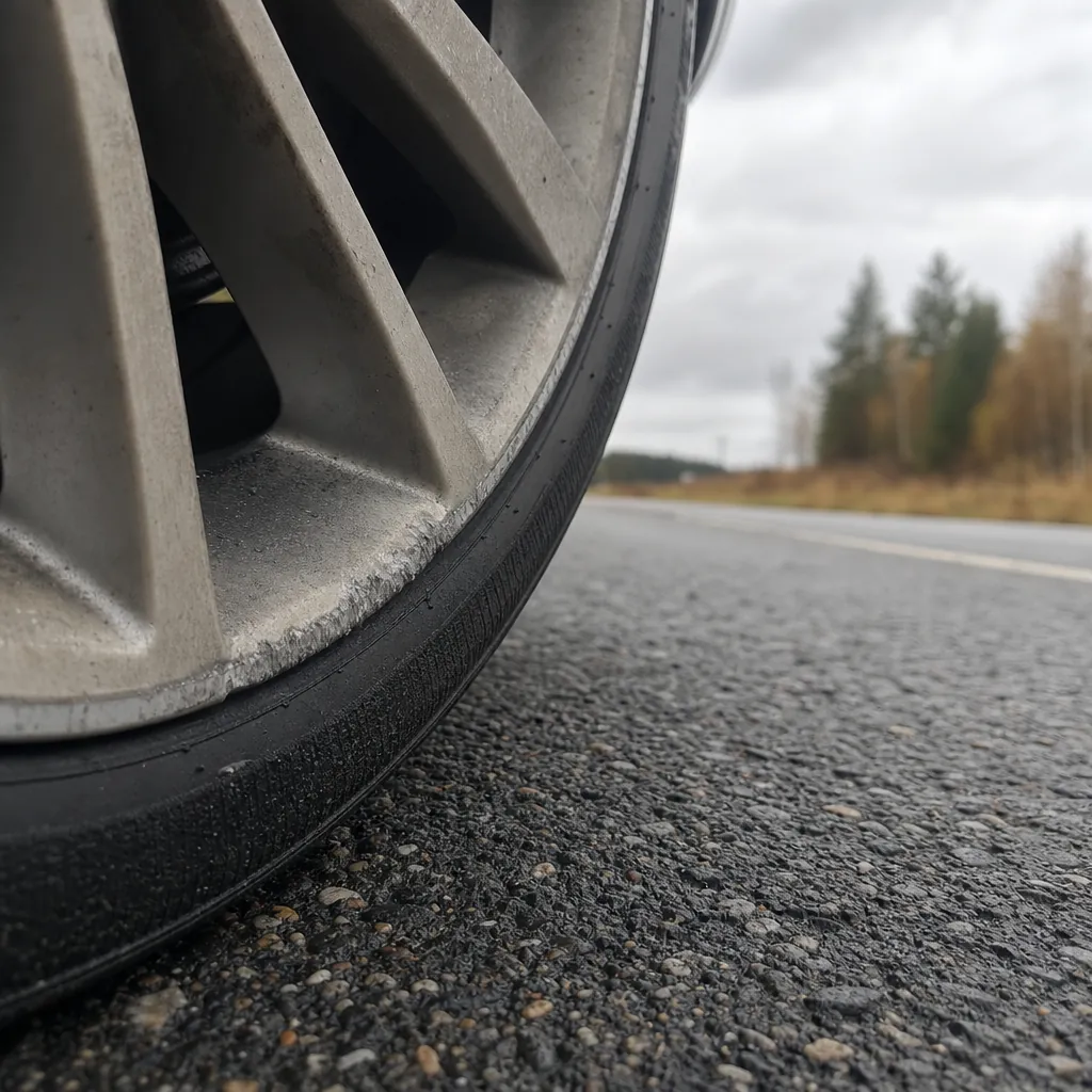 Närbild på kantstötta fälg mot trottoarkant