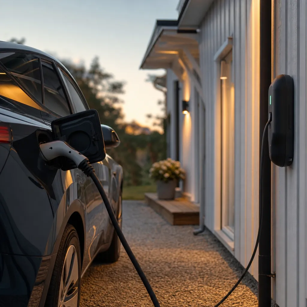 Tesla Model Y på laddstolpe i Sverige